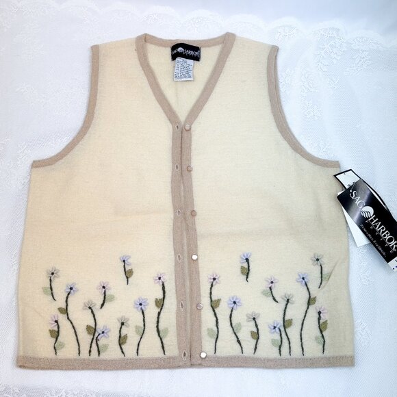 Women's Vintage Embroidered Whimsical Wool Spring Sweater Vest Sag Harbor - Picture 1 of 12